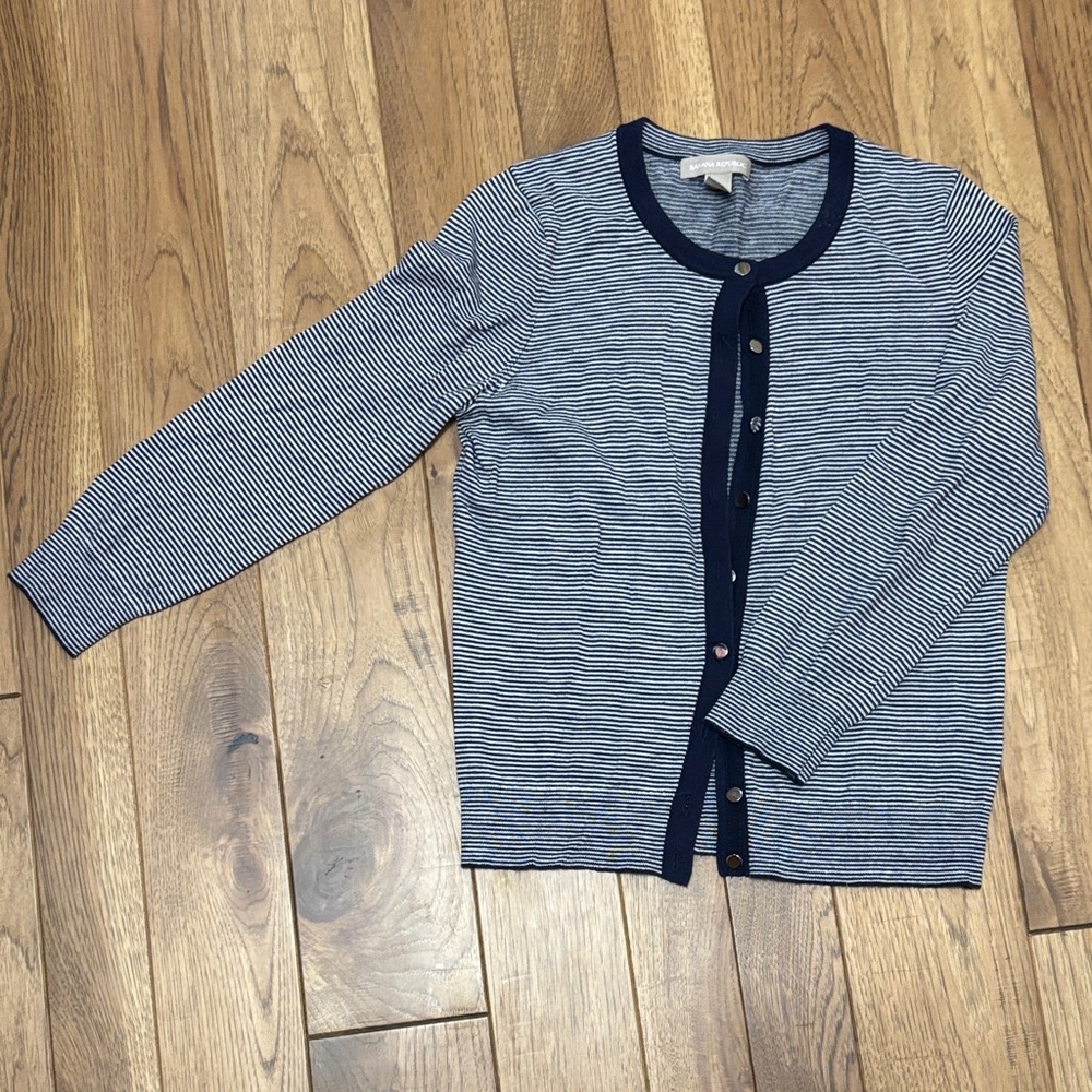 Banana Republic Blue and White Striped 3/4 sleeve Cardigan
